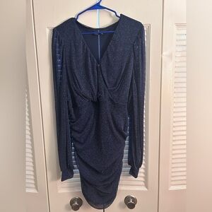 SHEIN Blue Ruched Wrap Dress with Bishop Sleeves